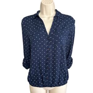 Tom Tailor Womens Navy Blue White Patterned Roll Tab Sleeve Blouse Sz 6 US/36 EU